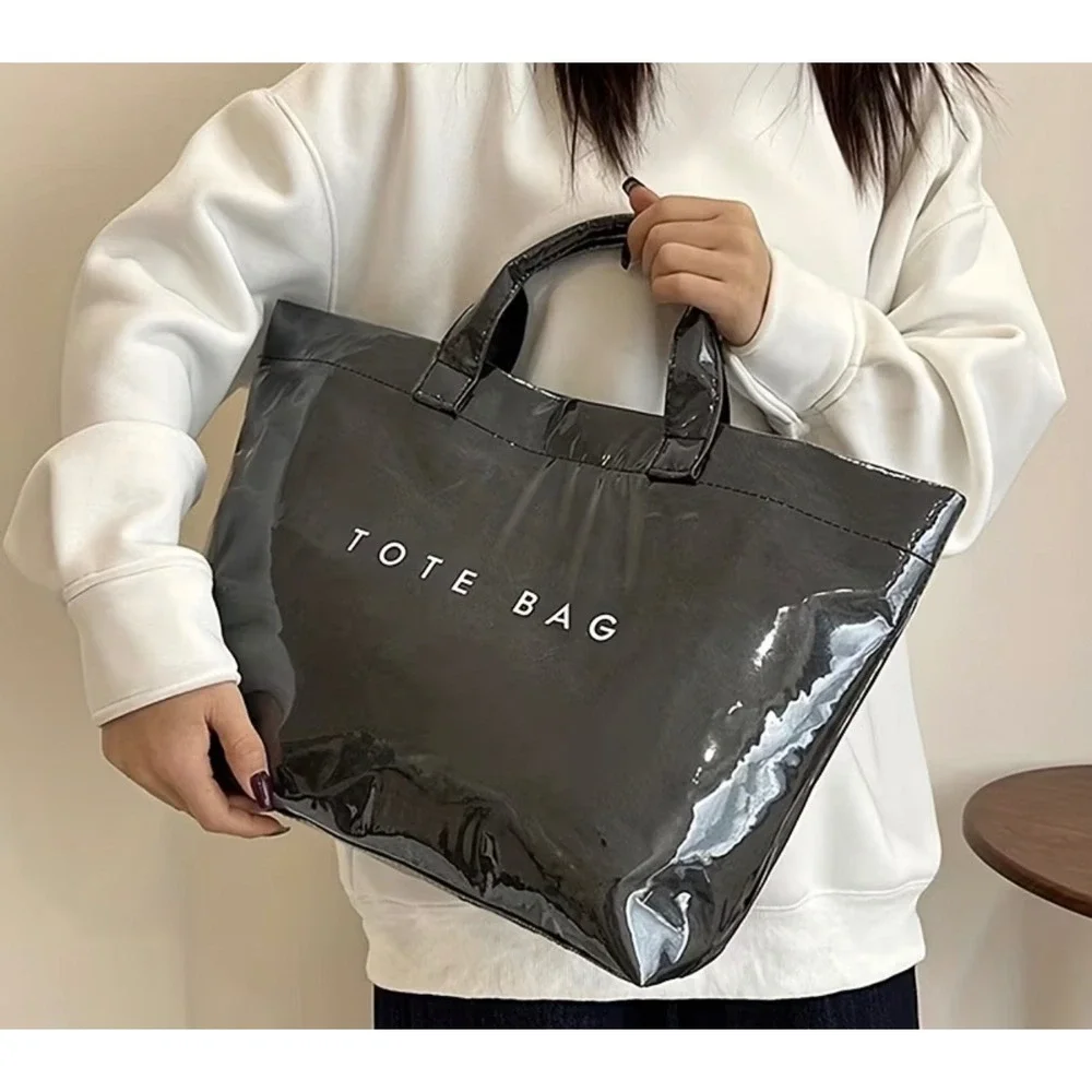 Chic Black Glossy Tote Purse. Functional Carryall with Scarf & Charm Accessories